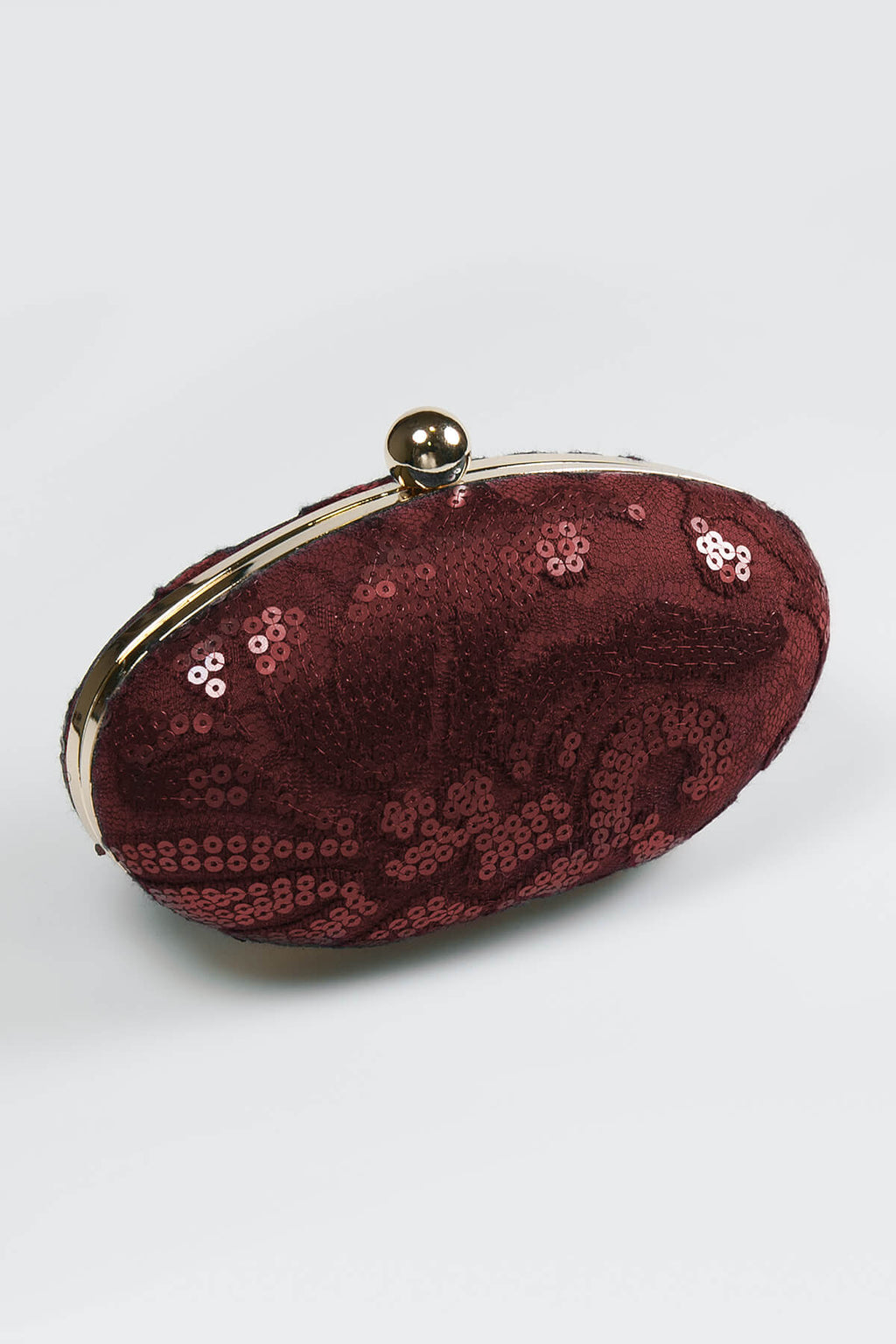 Paillette Embroidered Lace Oval Clutch in Merlot