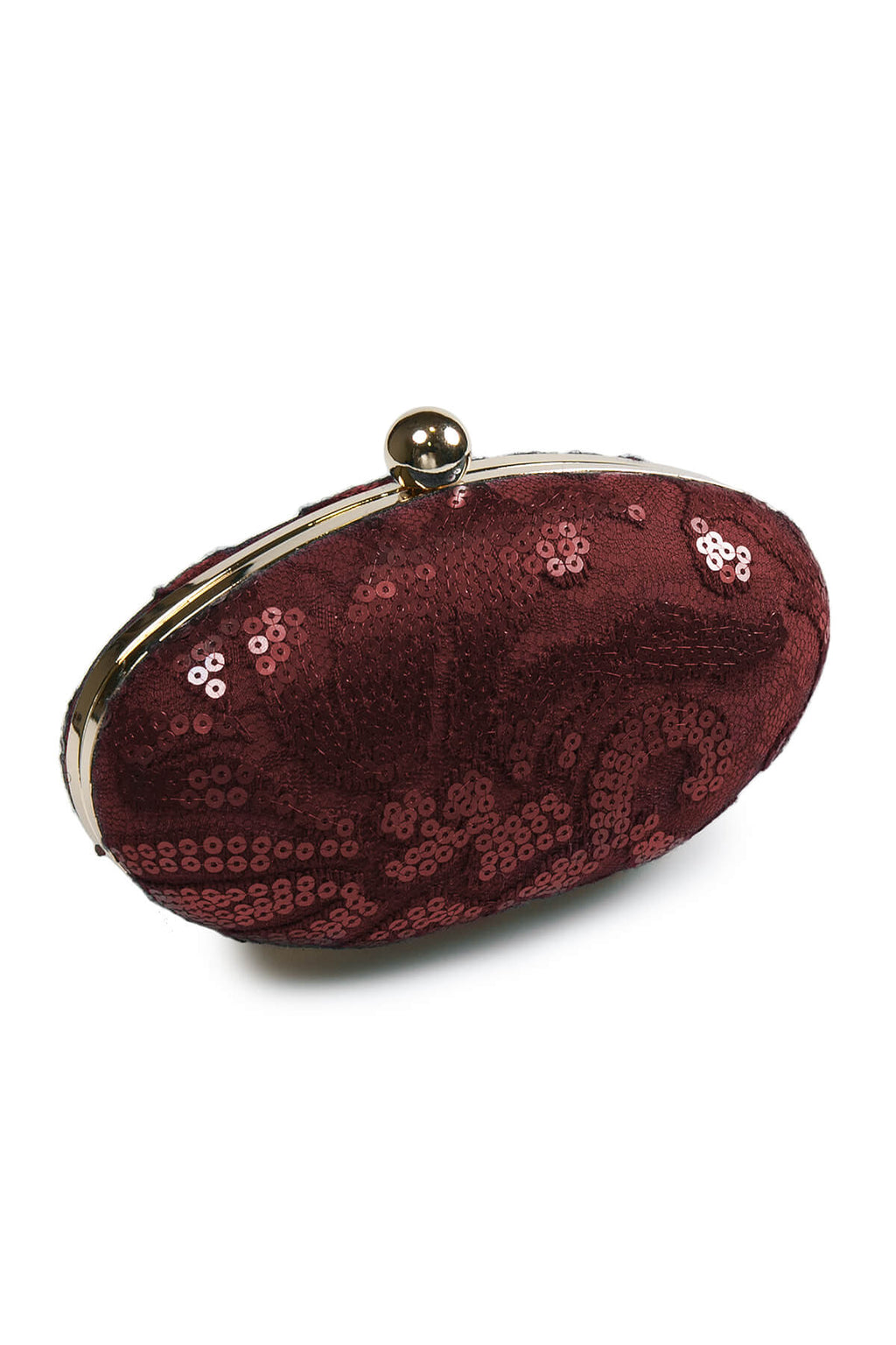 Paillette Embroidered Lace Oval Clutch in Merlot
