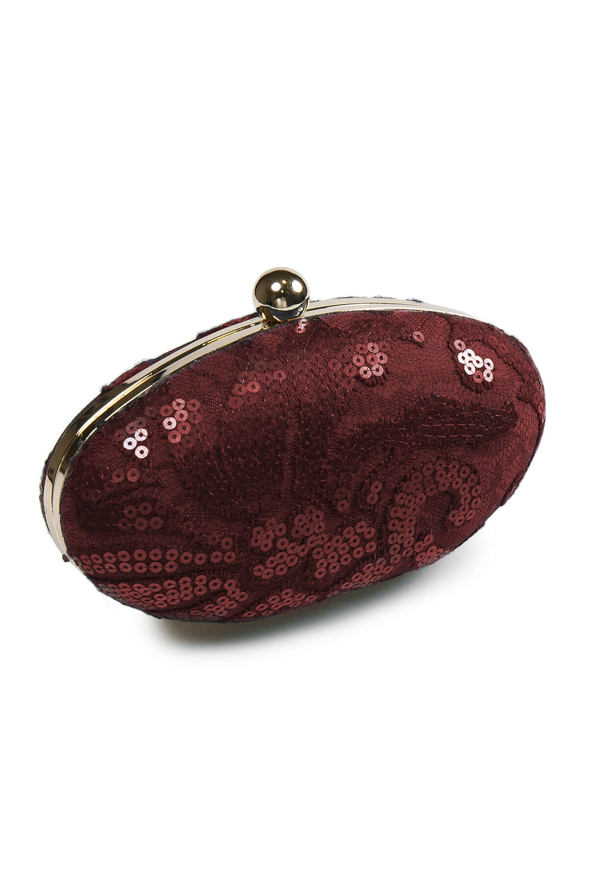 Paillette Embroidered Lace Oval Clutch in Merlot