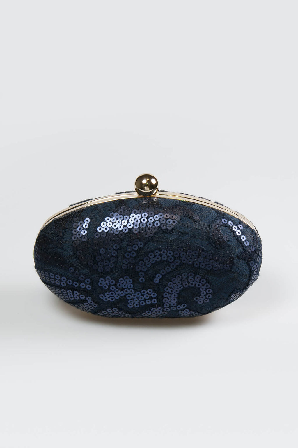 Paillette Embroidered Lace Oval Clutch in Navy
