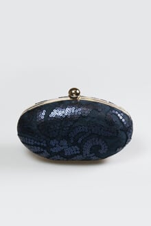 Paillette Embroidered Lace Oval Clutch in Navy