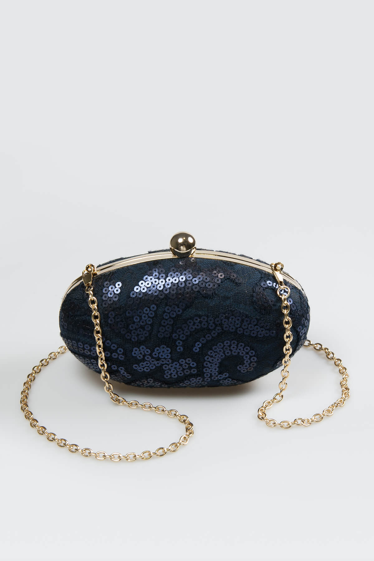 Paillette Embroidered Lace Oval Clutch in Navy