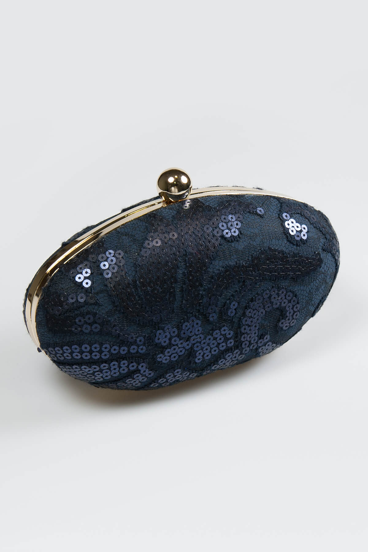 Paillette Embroidered Lace Oval Clutch in Navy