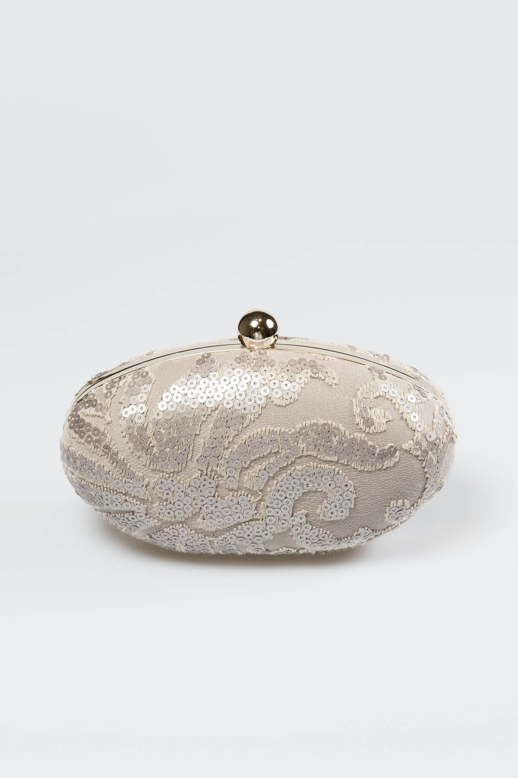 Paillette Embroidered Lace Oval Clutch in Sand