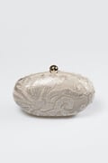 Paillette Embroidered Lace Oval Clutch in Sand
