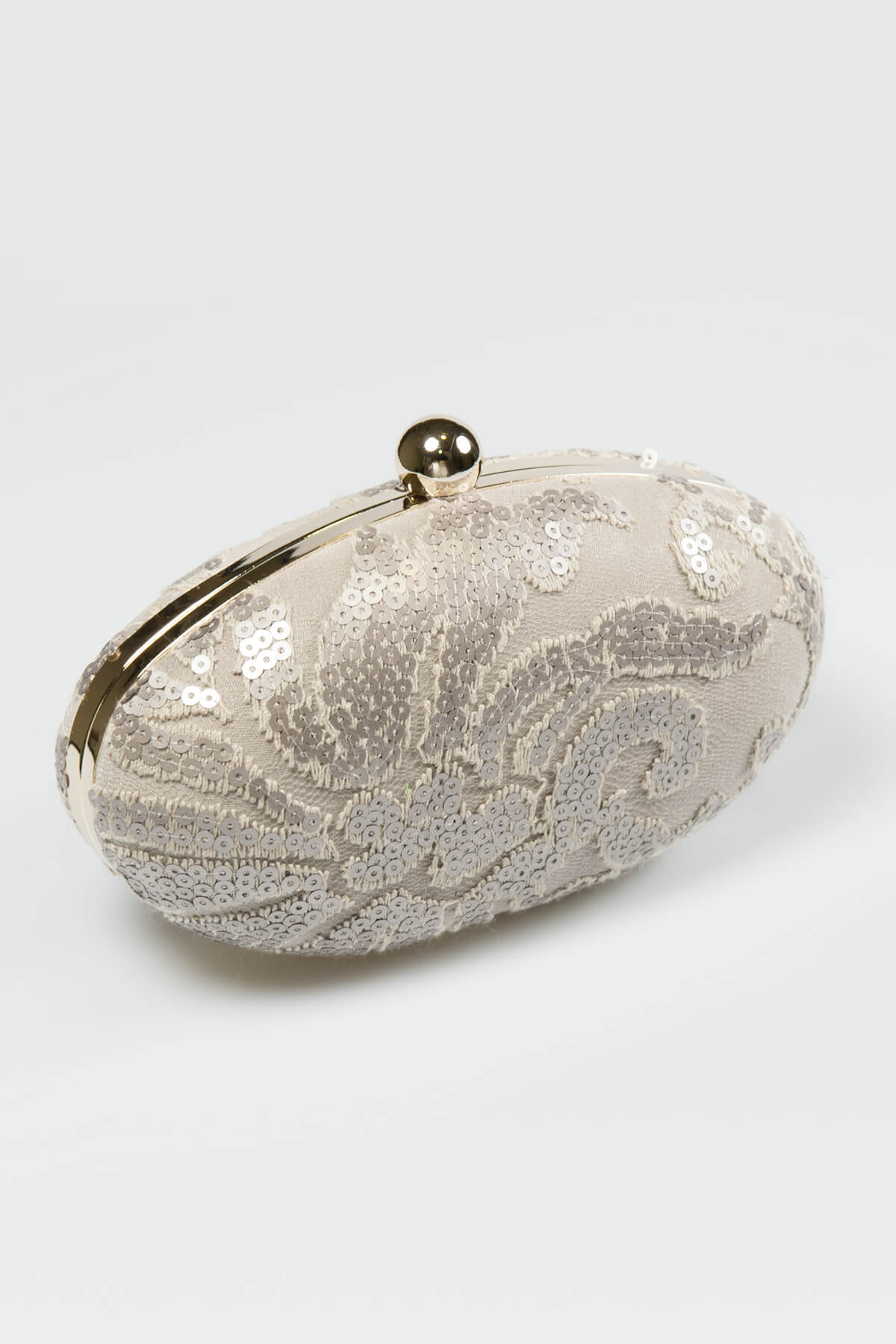 Paillette Embroidered Lace Oval Clutch in Sand