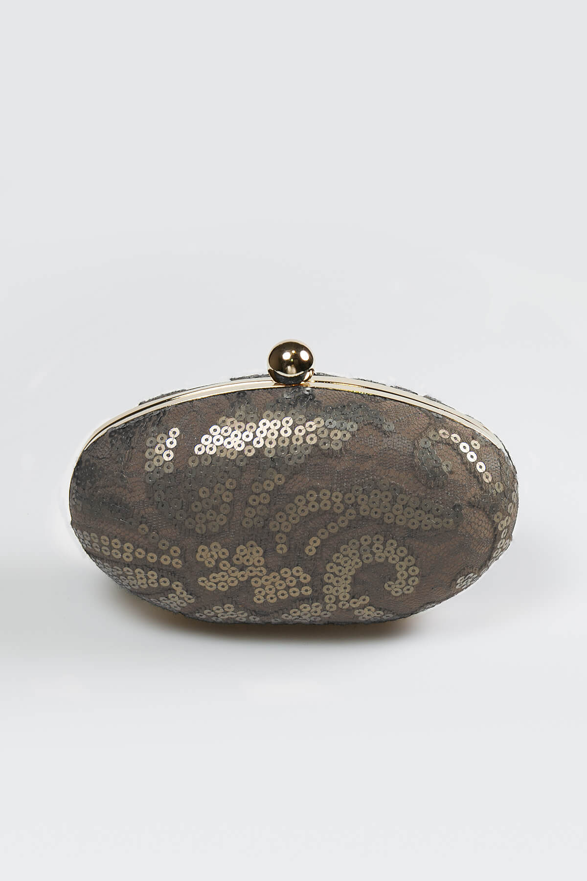Paillette Embroidered Lace Oval Clutch in Smoke Pearl