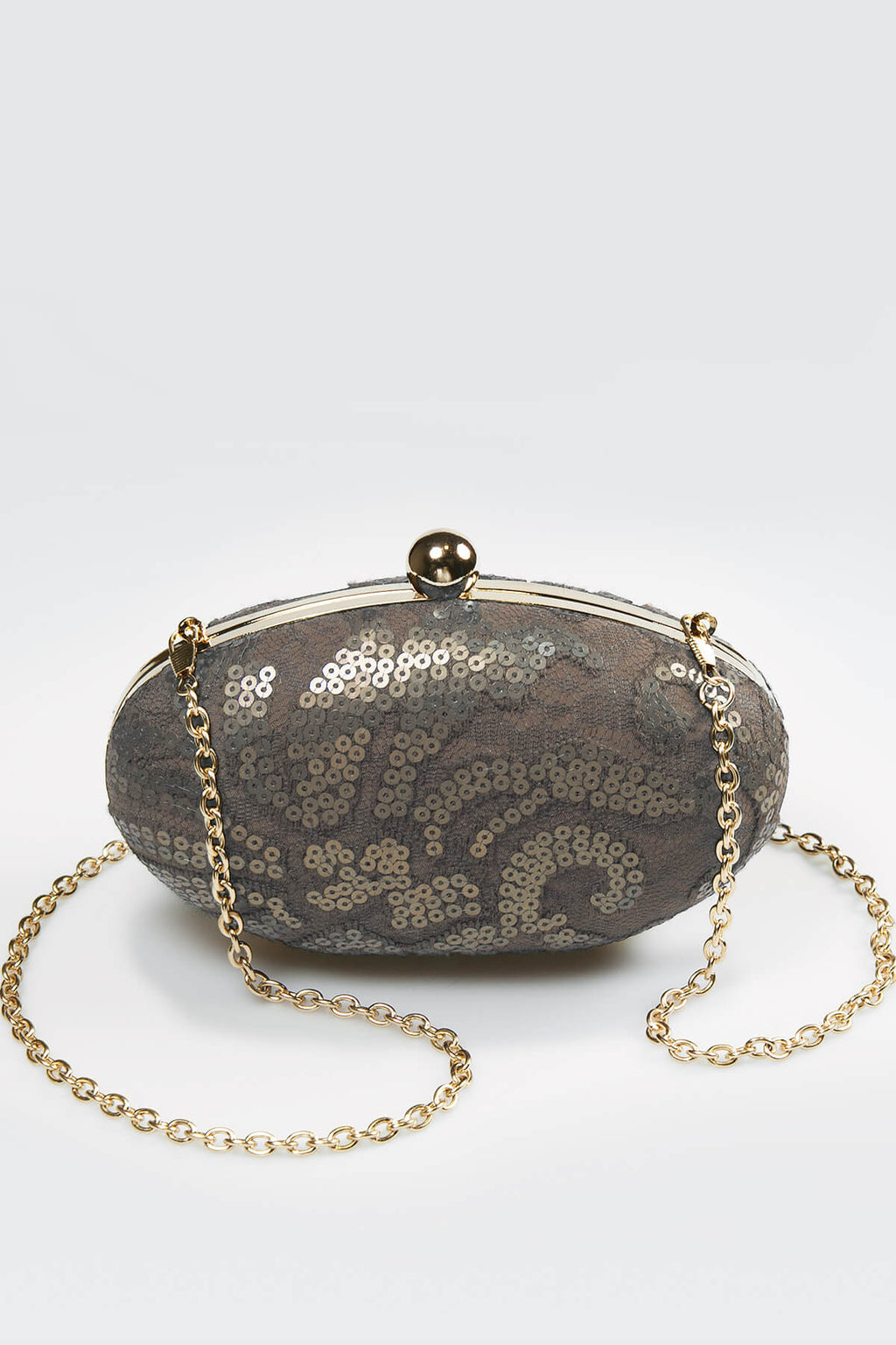 Paillette Embroidered Lace Oval Clutch in Smoke Pearl