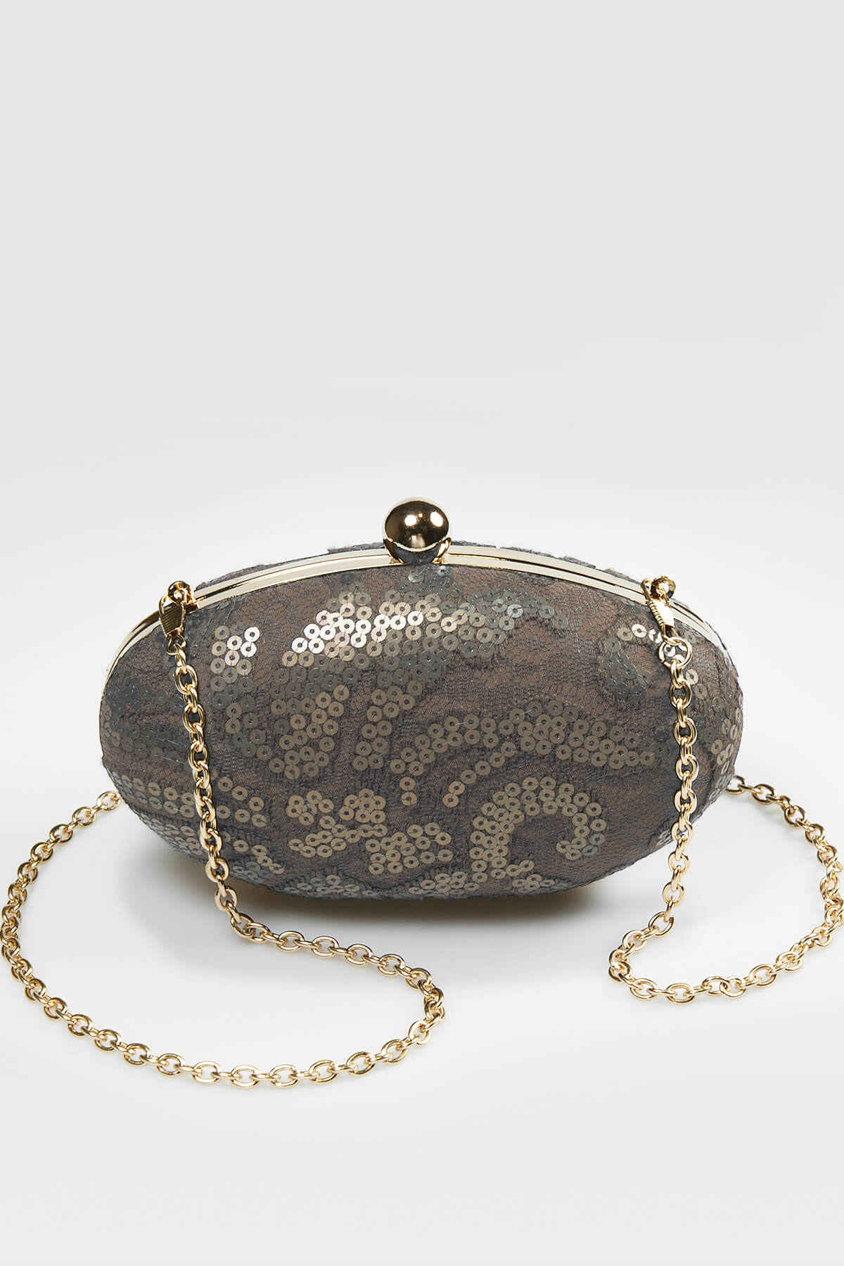 Paillette Embroidered Lace Oval Clutch in Smoke Pearl