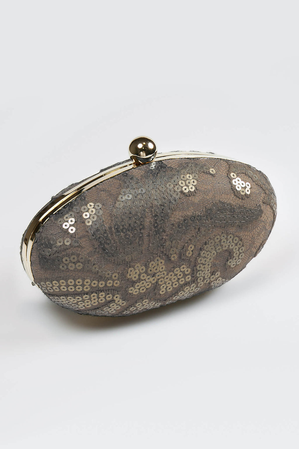 Paillette Embroidered Lace Oval Clutch in Smoke Pearl