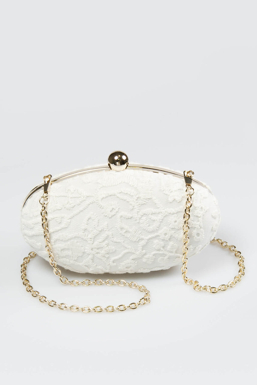 Embroidered Lace Oval Clutch in Ivory