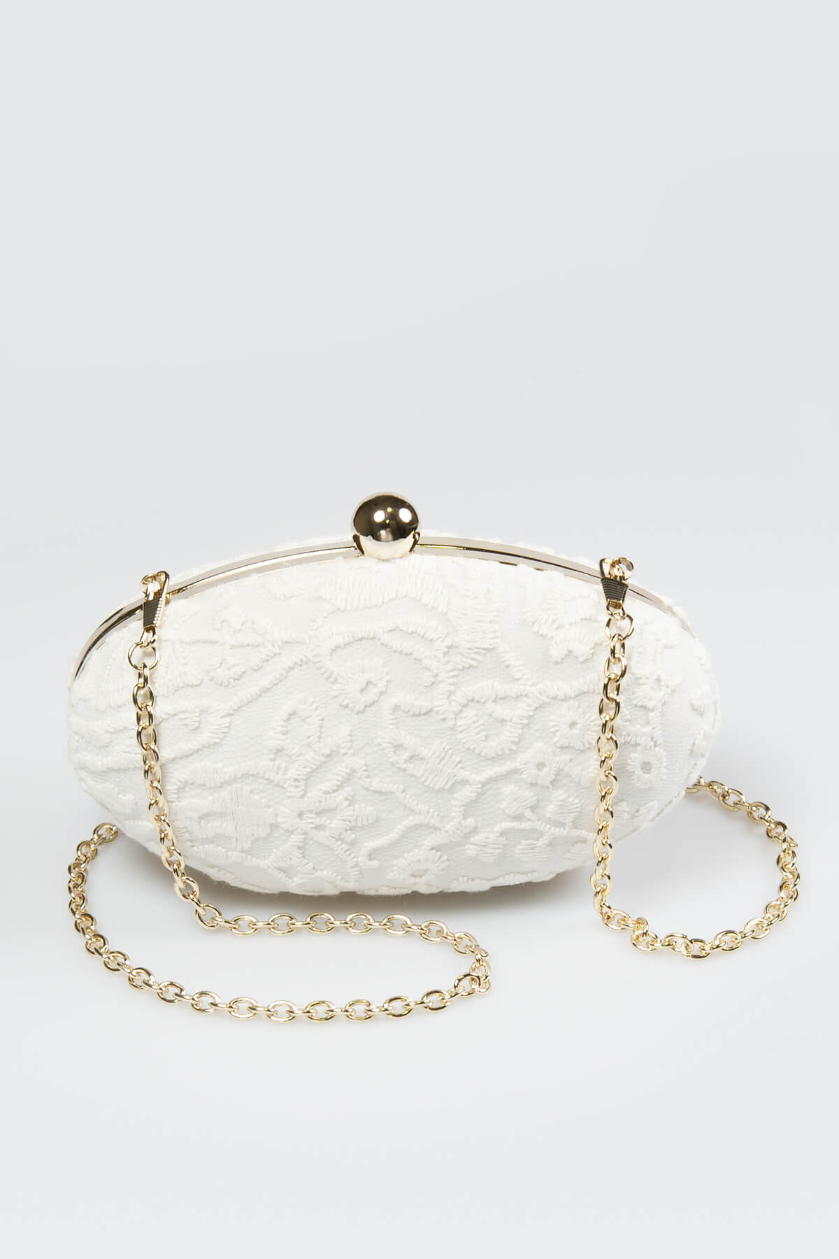 Embroidered Lace Oval Clutch in Ivory