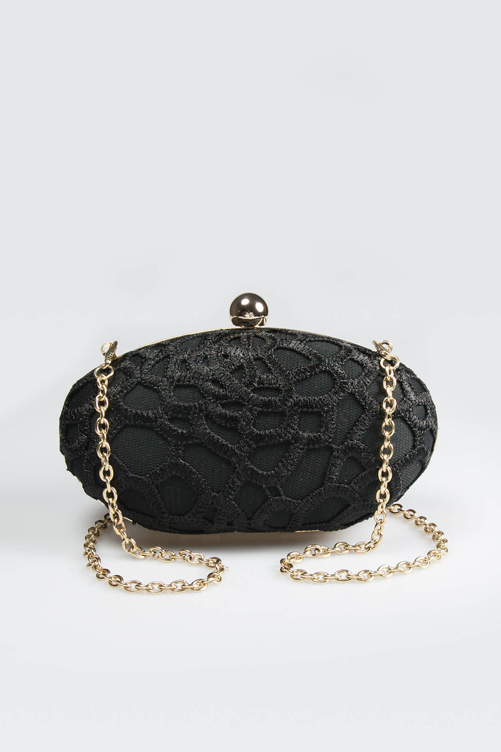 Guipure Lace Oval Clutch in Black