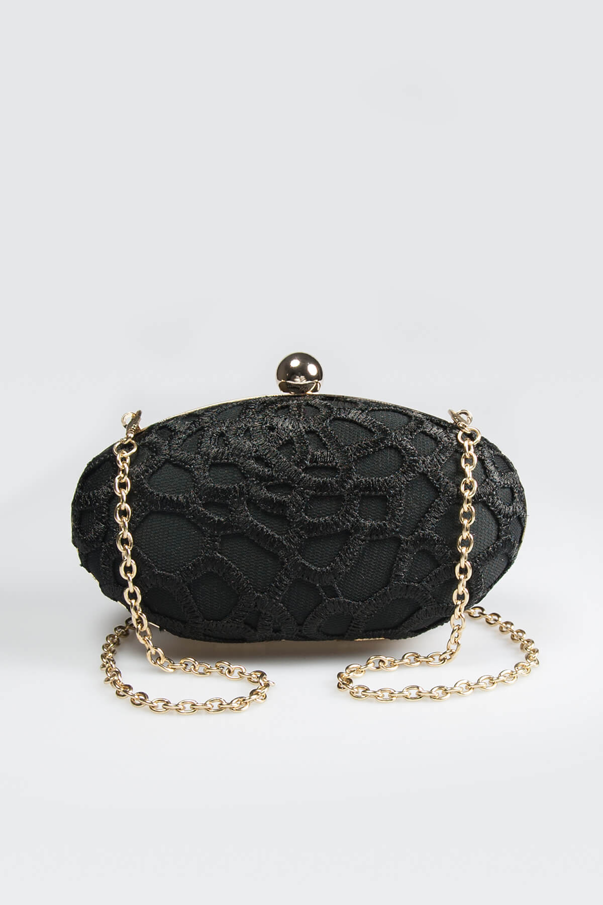 Guipure Lace Oval Clutch in Black