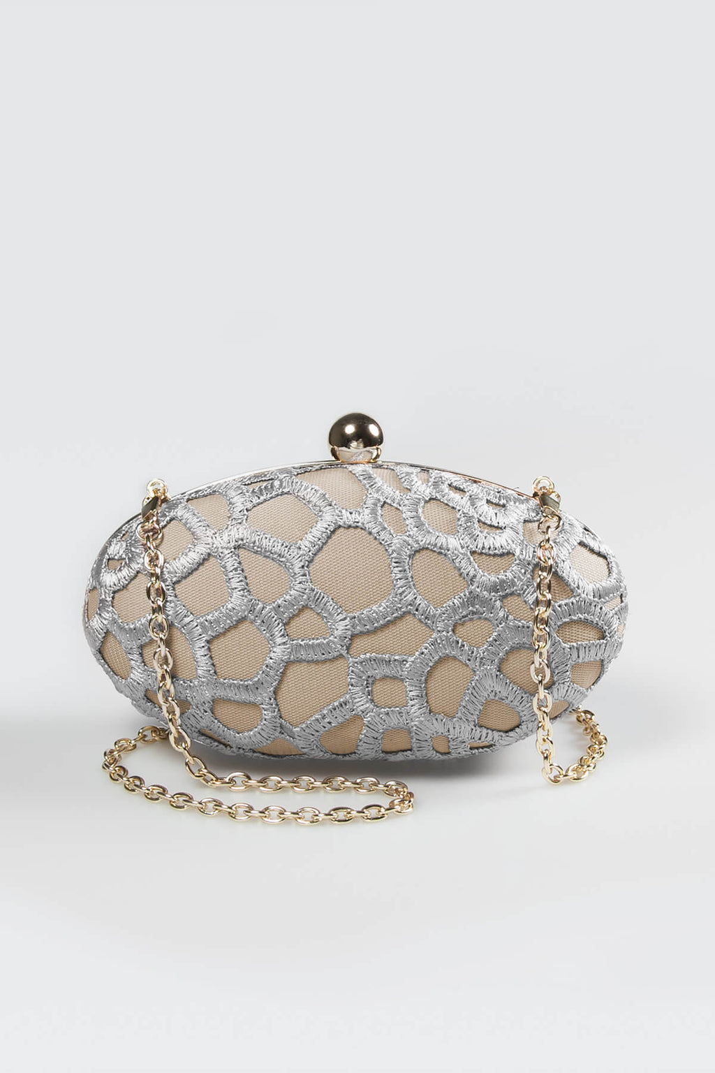 Guipure Lace Oval Clutch in Duchess Grey