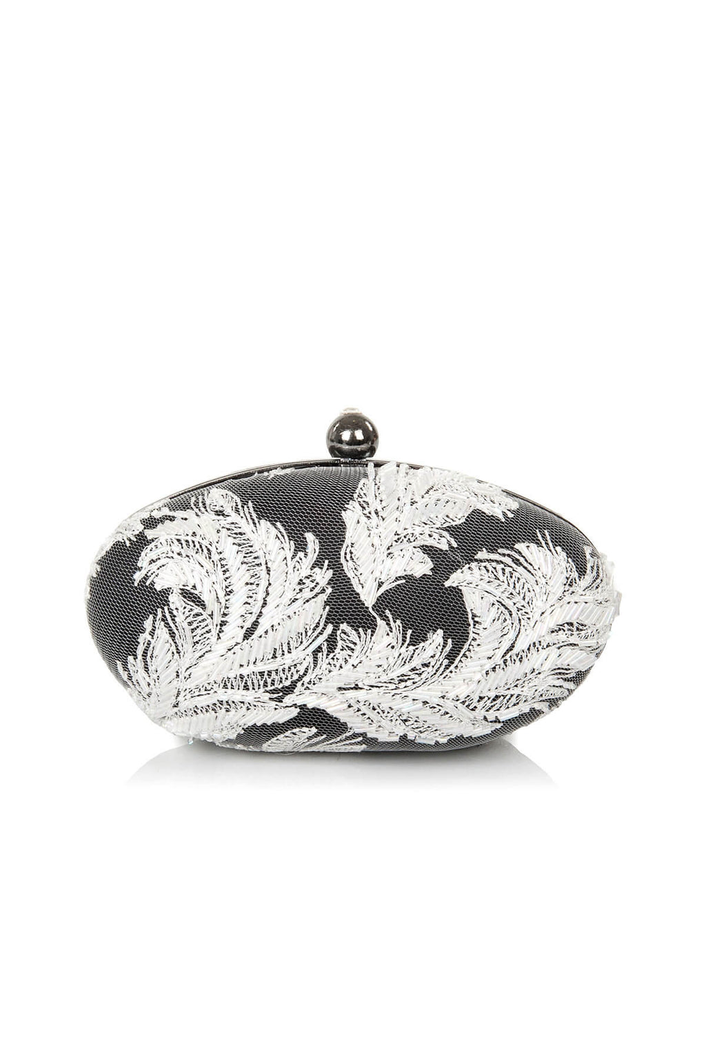 Beaded Feather-Motif Oval Clutch