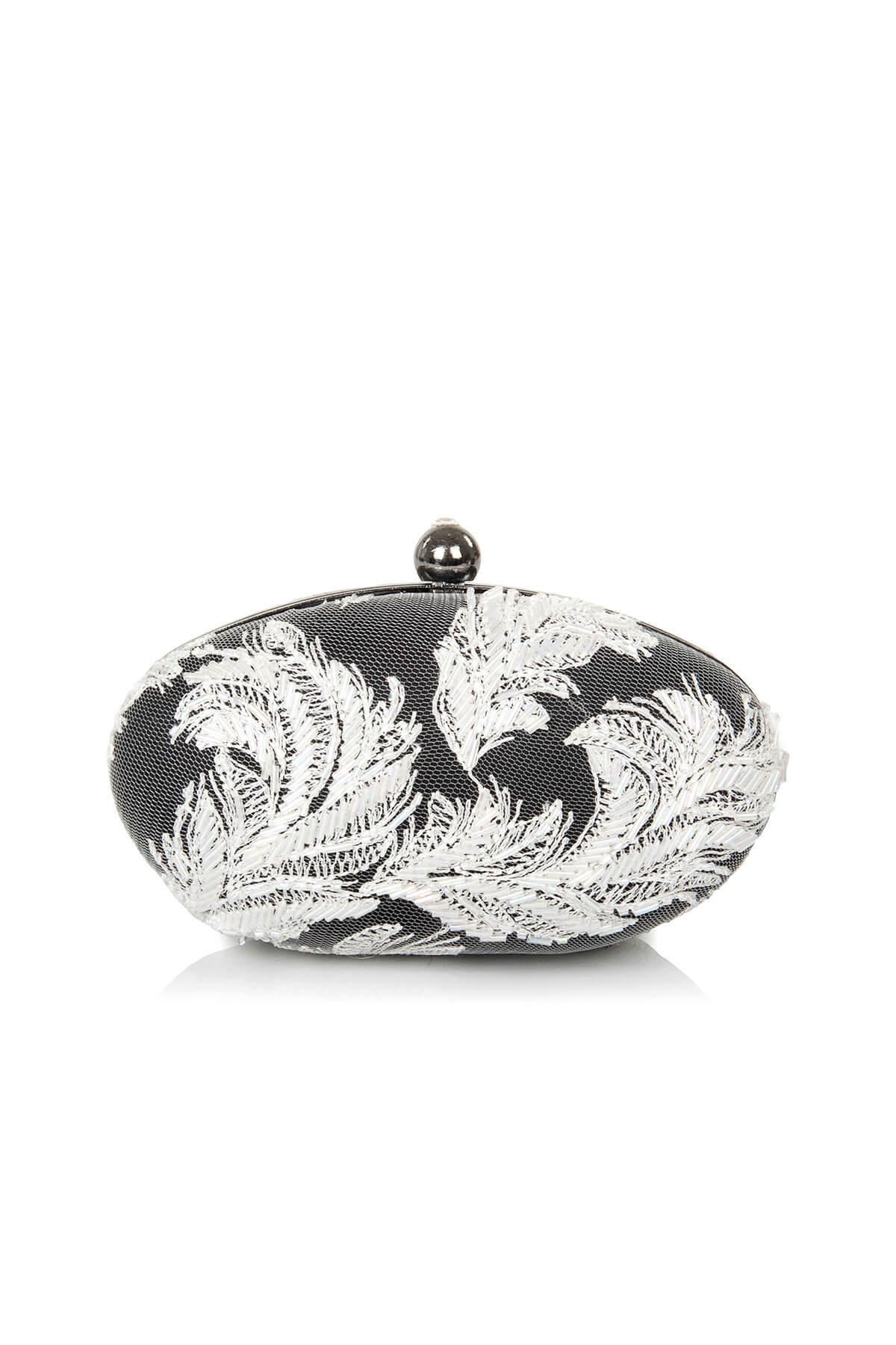 Beaded Feather-Motif Oval Clutch