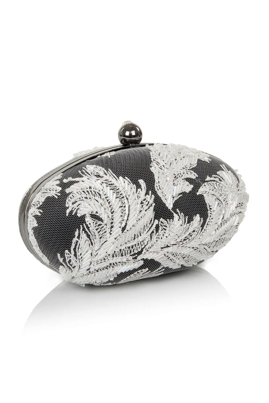 Beaded Feather-Motif Oval Clutch