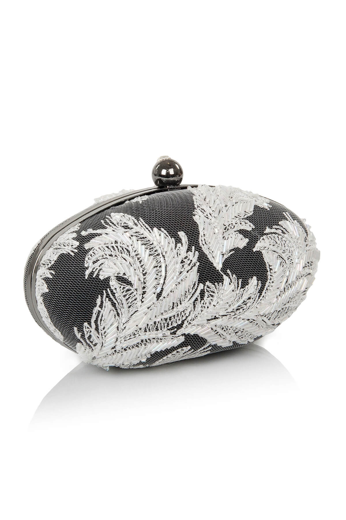 Beaded Feather-Motif Oval Clutch