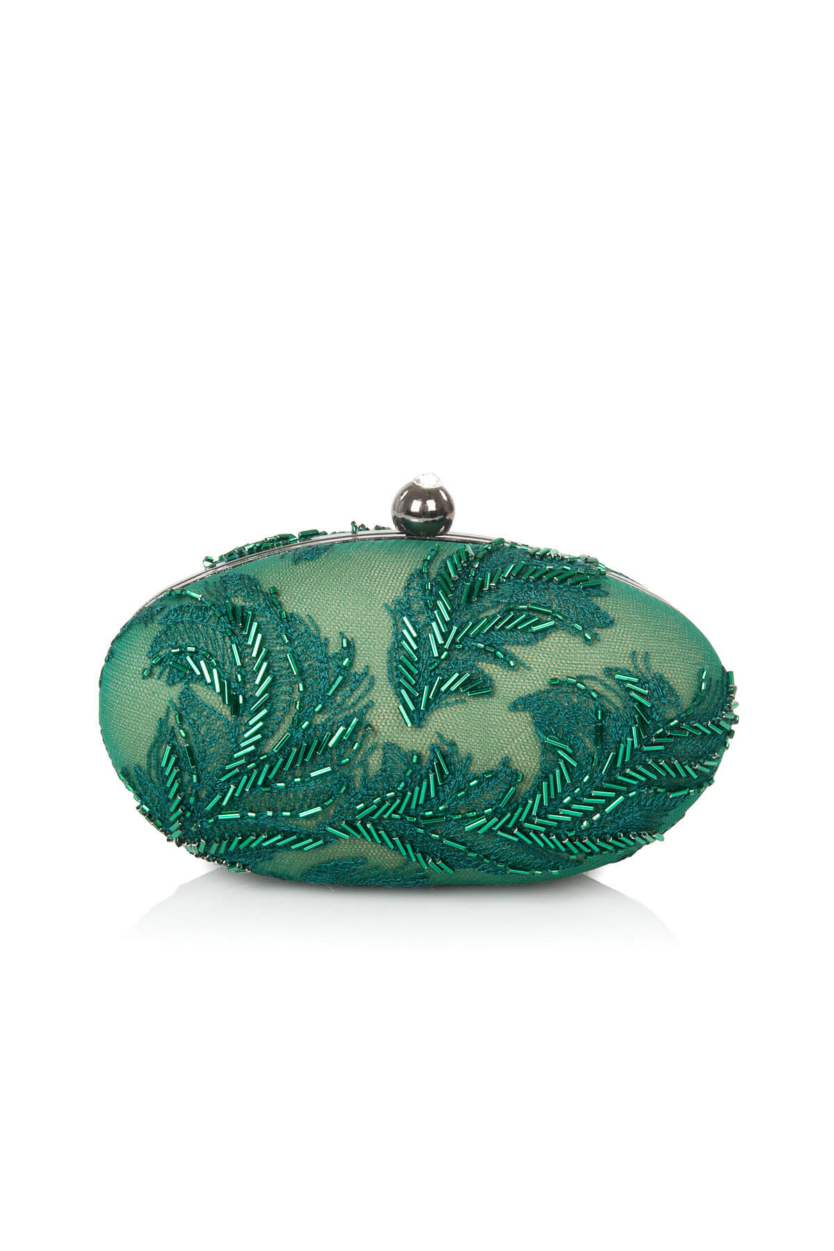 Beaded Feather-Motif Oval Clutch
