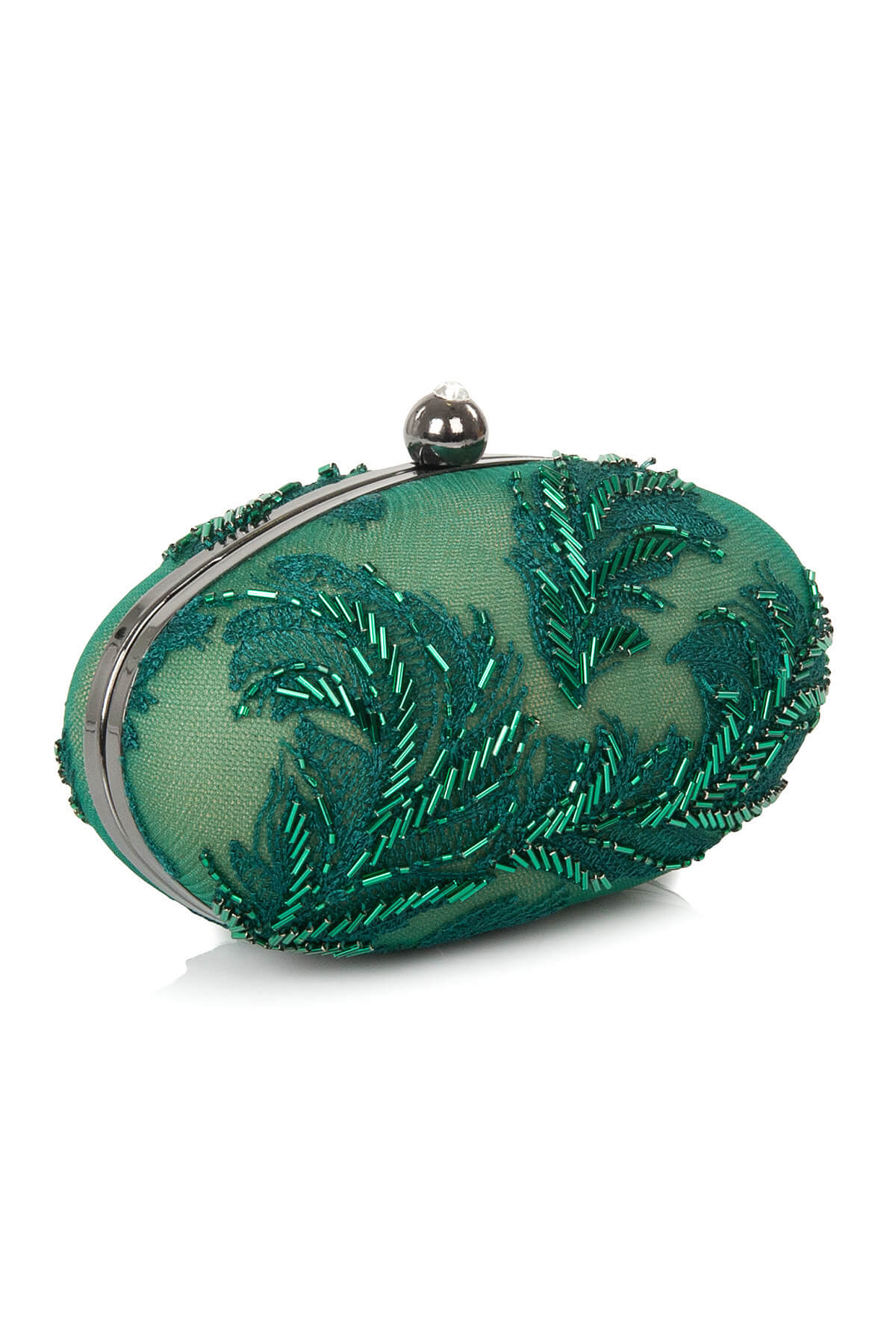 Beaded Feather-Motif Oval Clutch