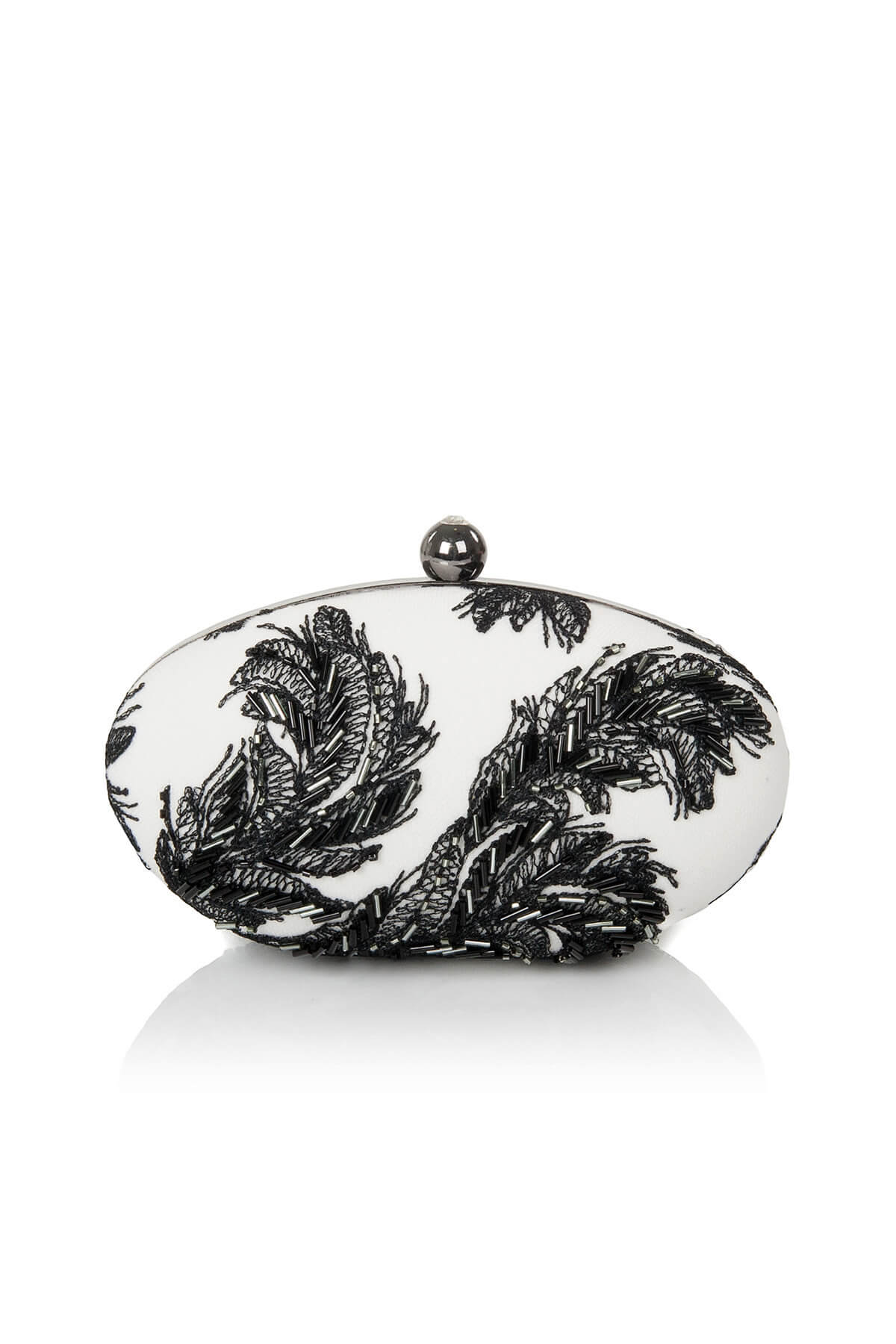 Beaded Feather-Motif Oval Clutch