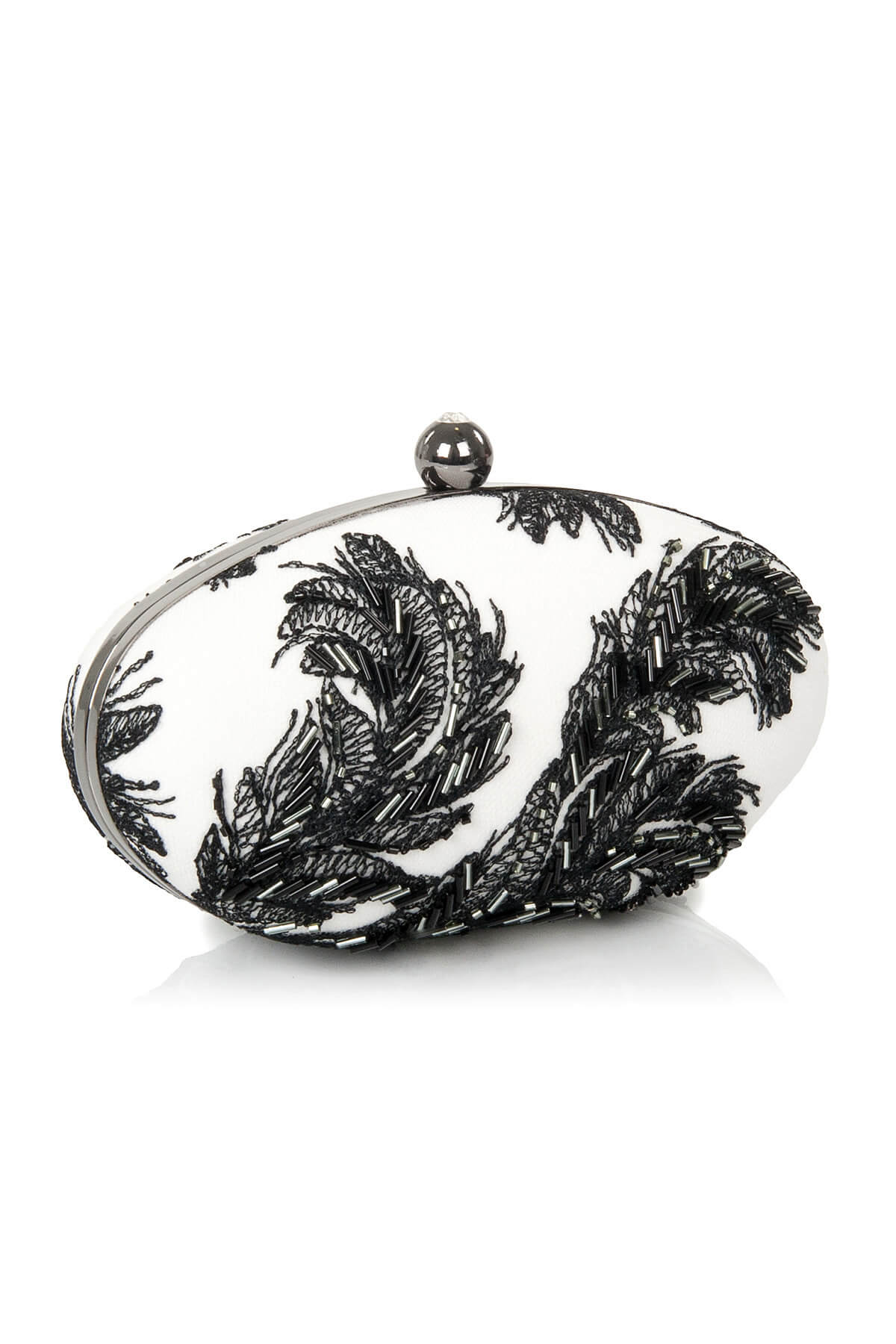 Beaded Feather-Motif Oval Clutch