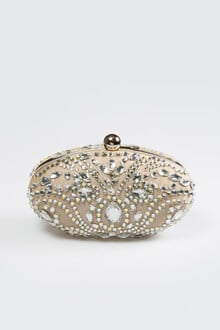 Beaded Metallic Oval Clutch in Champagne