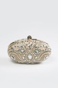 Beaded Metallic Oval Clutch in Champagne