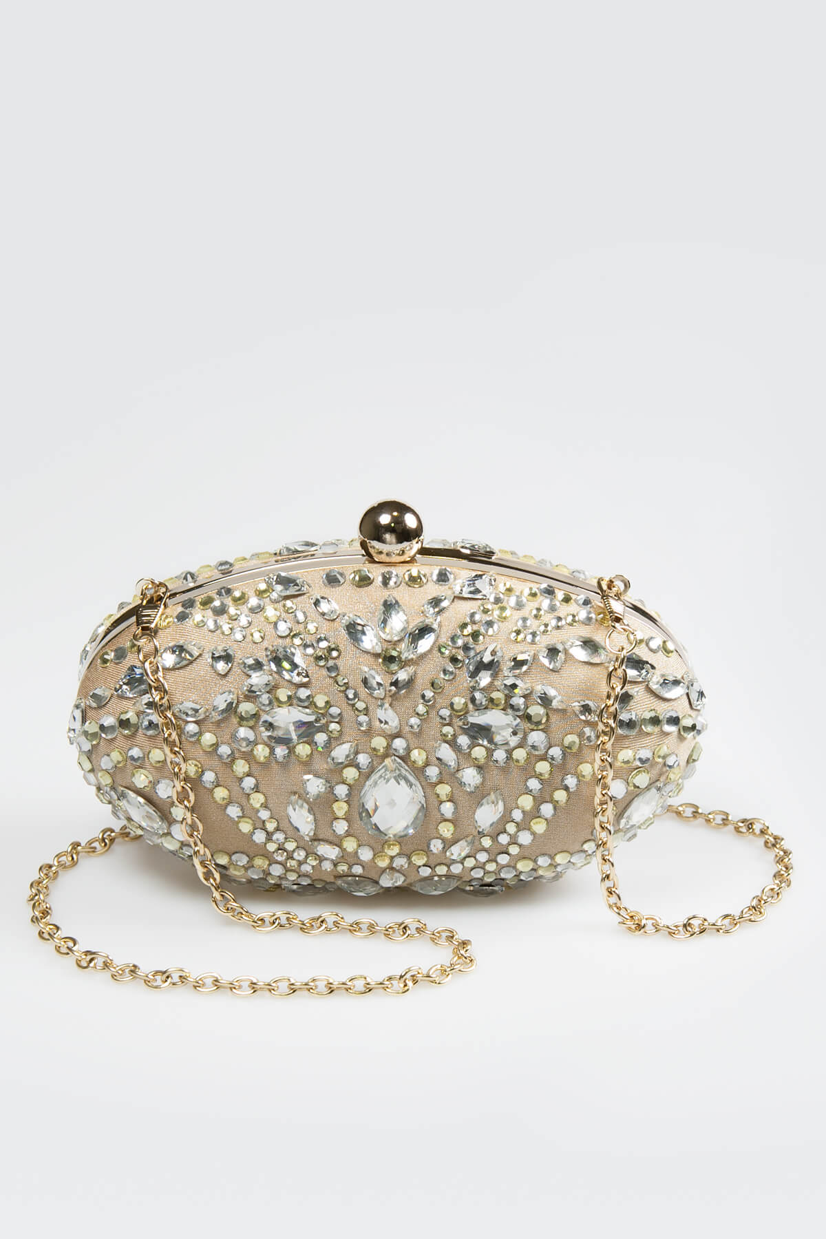 Beaded Metallic Oval Clutch in Champagne