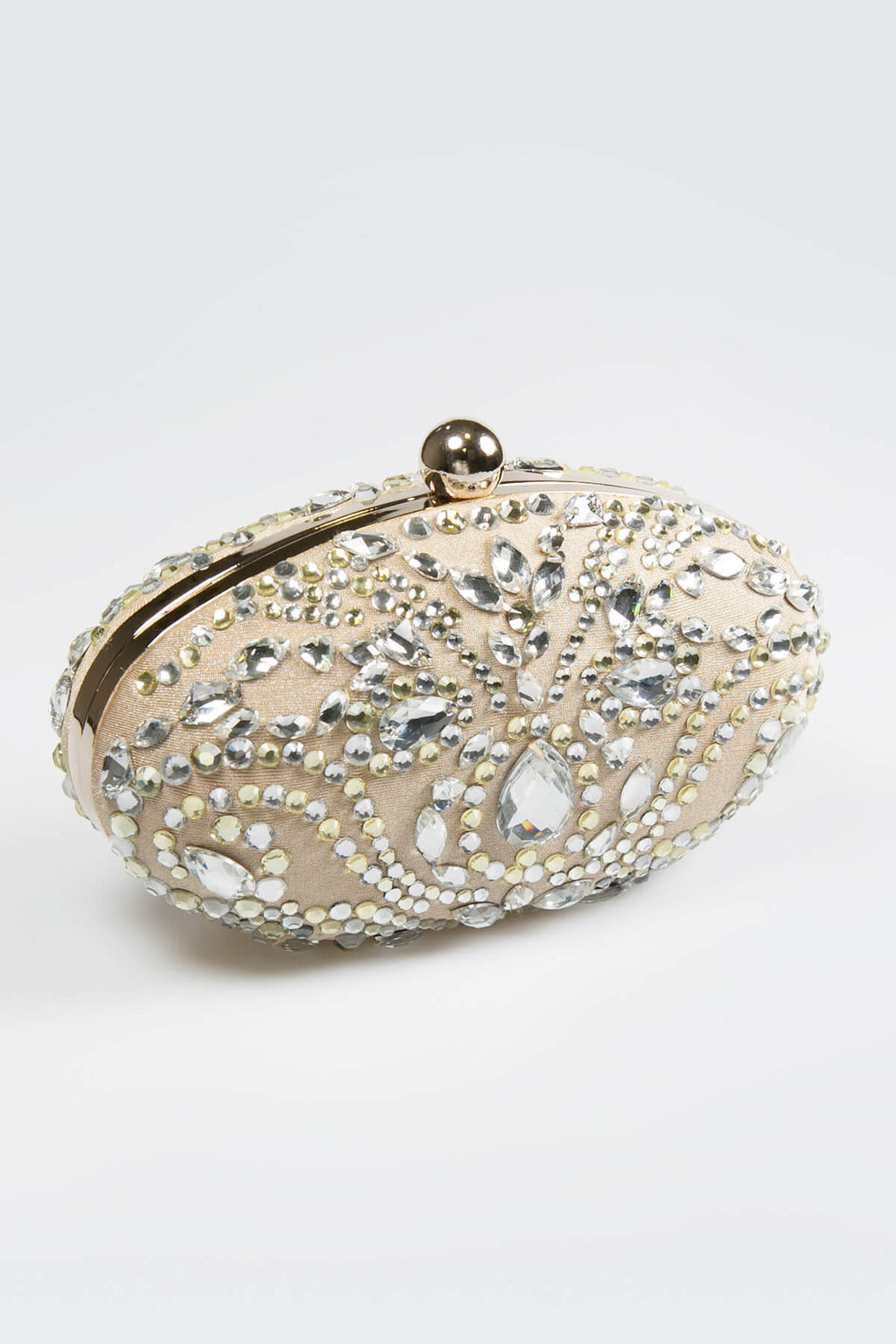 Beaded Metallic Oval Clutch in Champagne