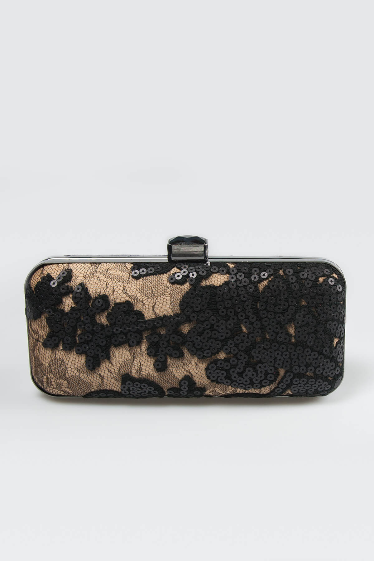 Sequin Embellished Box Clutch in Black / Nude