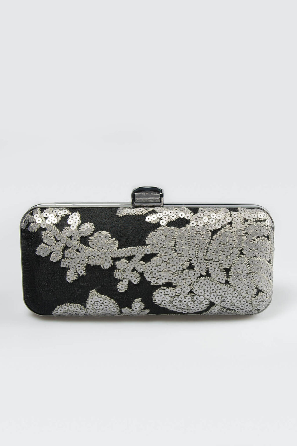 Sequin Embellished Box Clutch in Duchess Grey / Black
