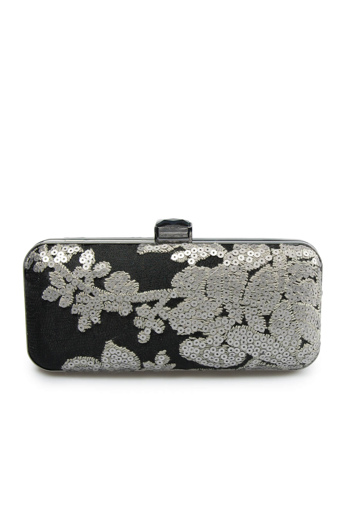 Sequin Embellished Box Clutch in Duchess Grey / Black