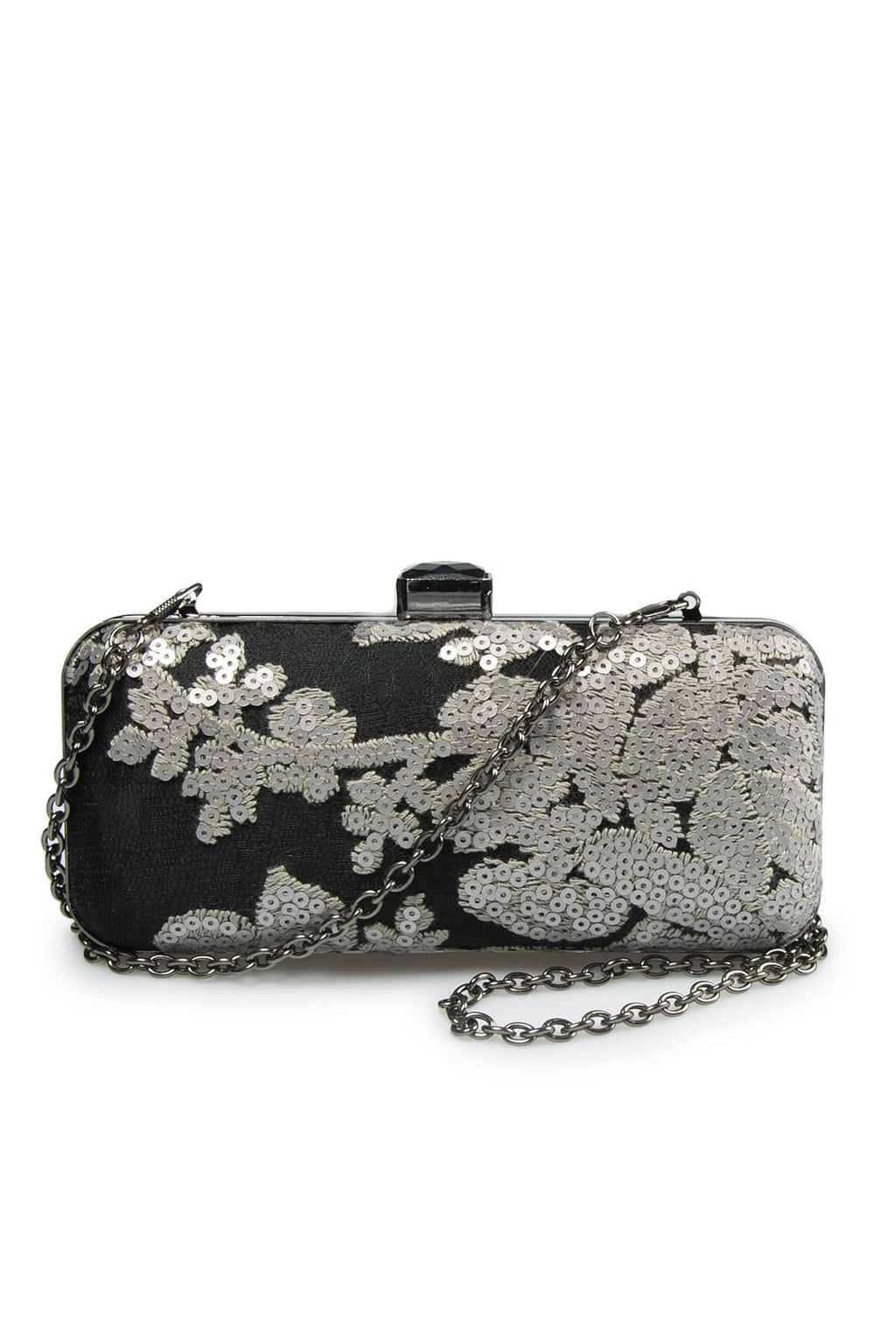 Sequin Embellished Box Clutch in Duchess Grey / Black