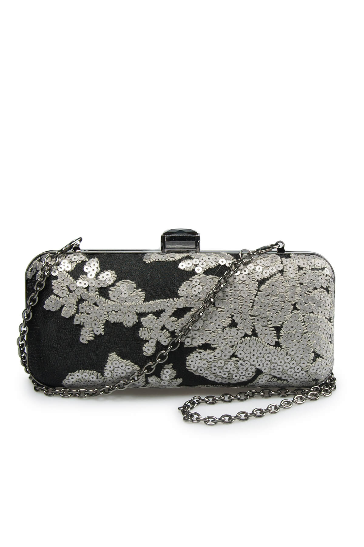 Sequin Embellished Box Clutch in Duchess Grey / Black