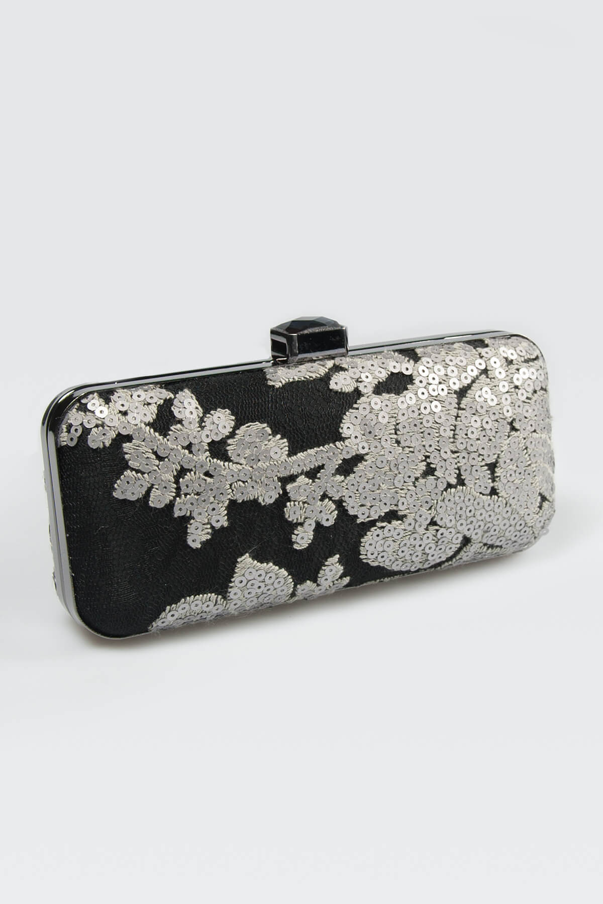 Sequin Embellished Box Clutch in Duchess Grey / Black