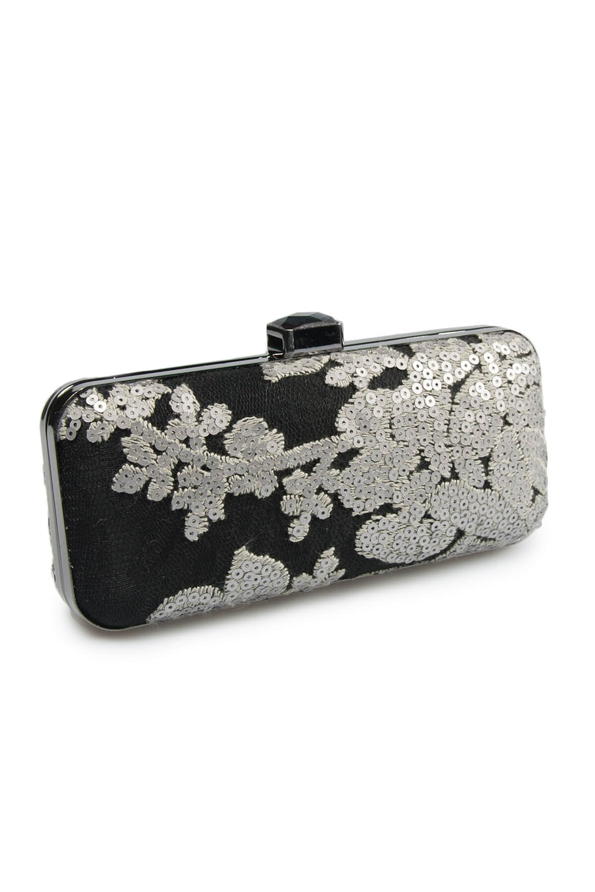 Sequin Embellished Box Clutch in Duchess Grey / Black
