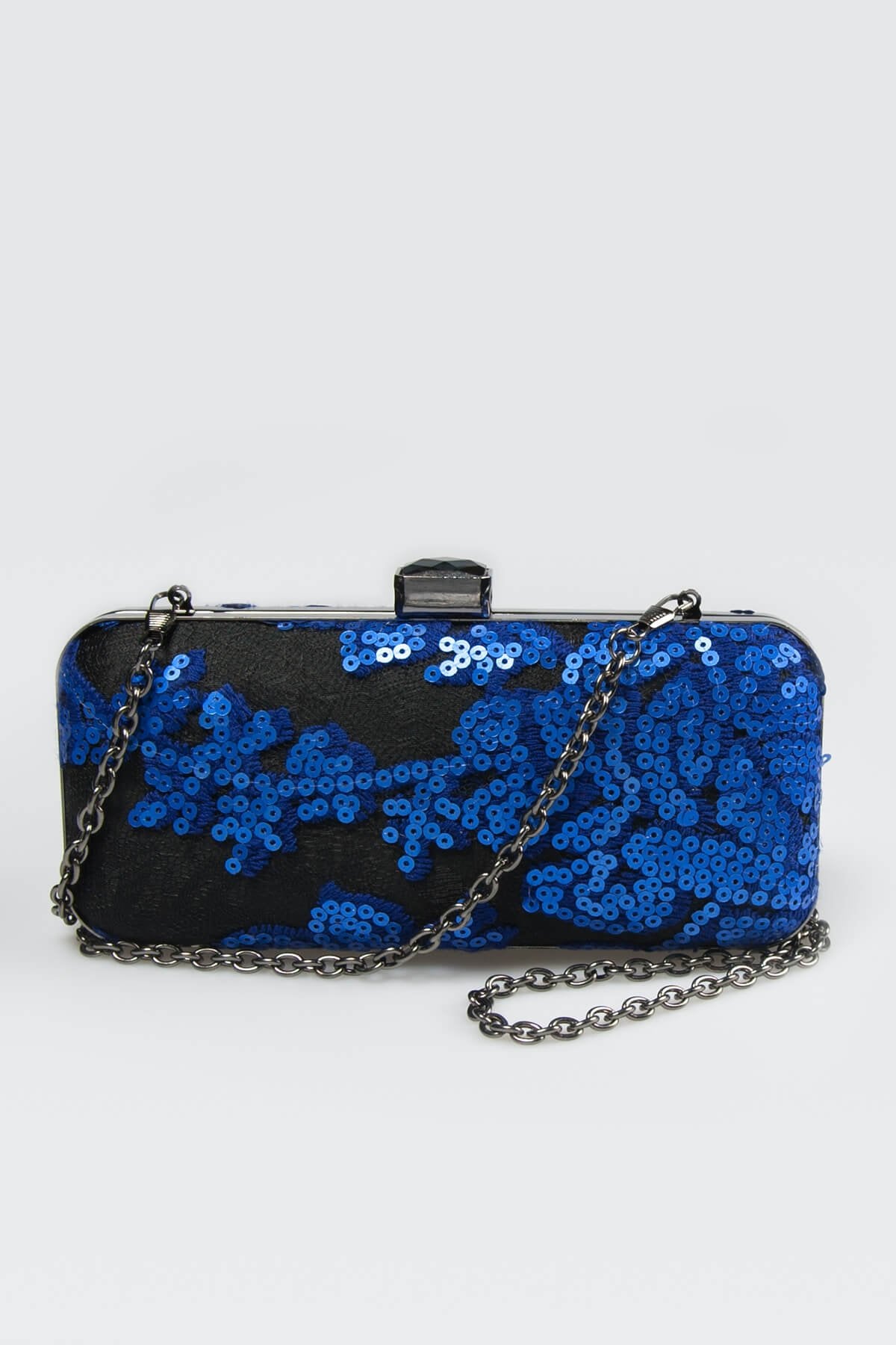 Sequin Embellished Box Clutch in Marina / Black