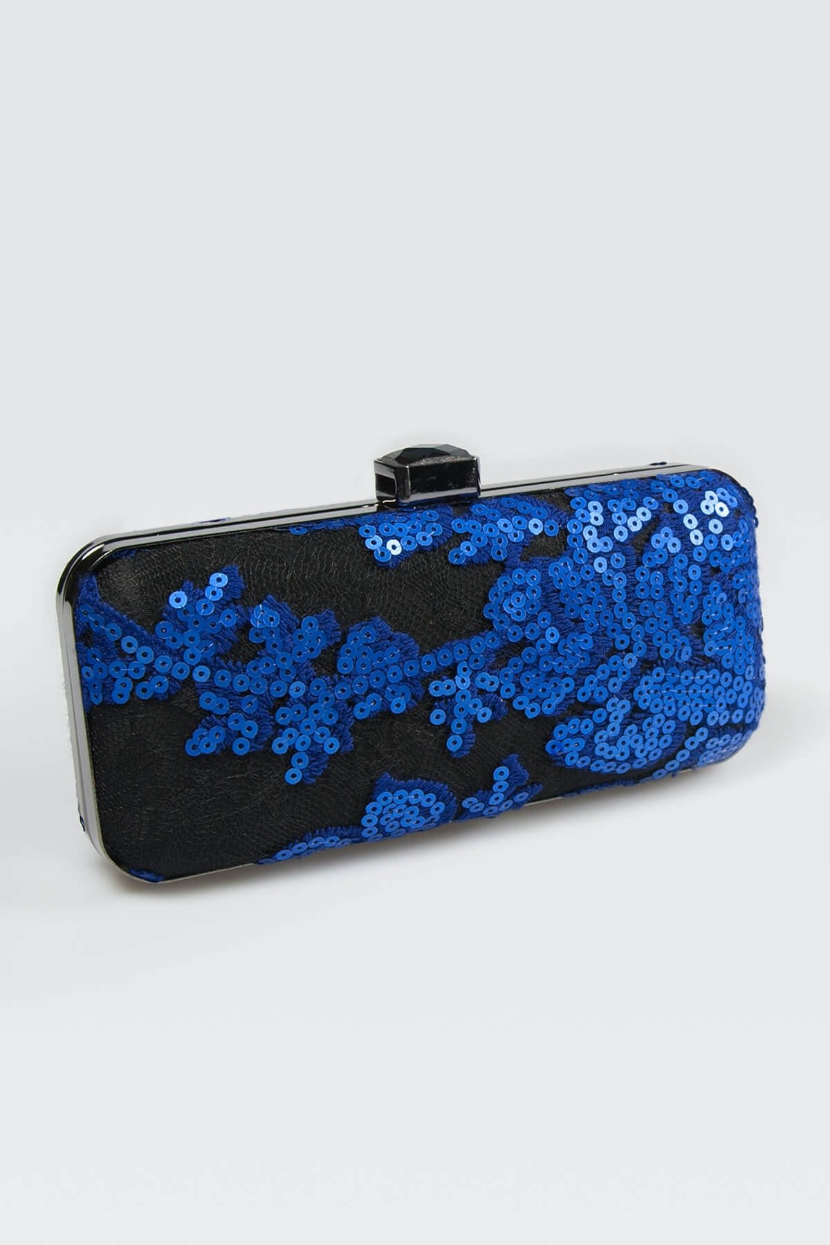 Sequin Embellished Box Clutch in Marina / Black