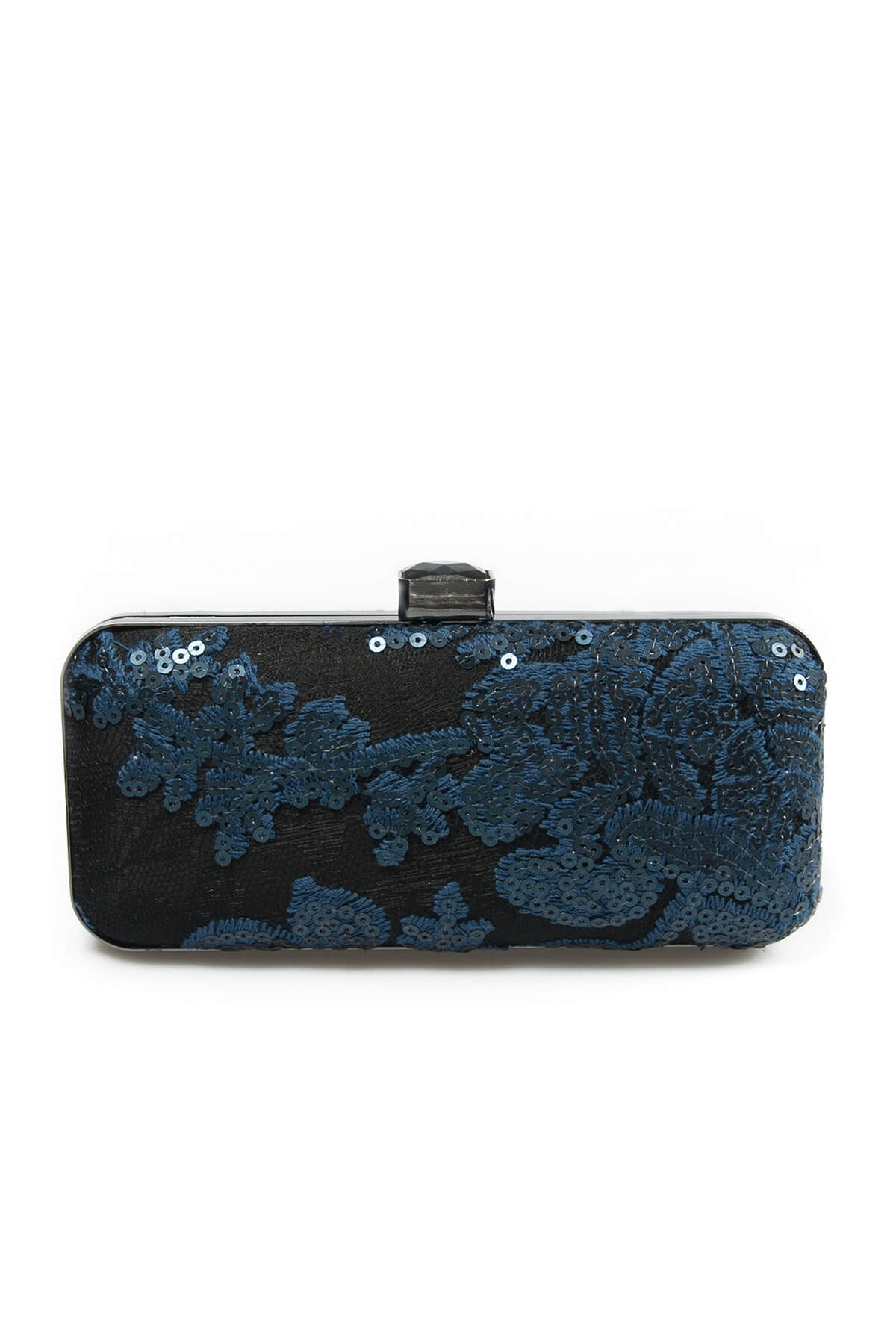 Sequin Embellished Box Clutch in Prussian Blue / Black