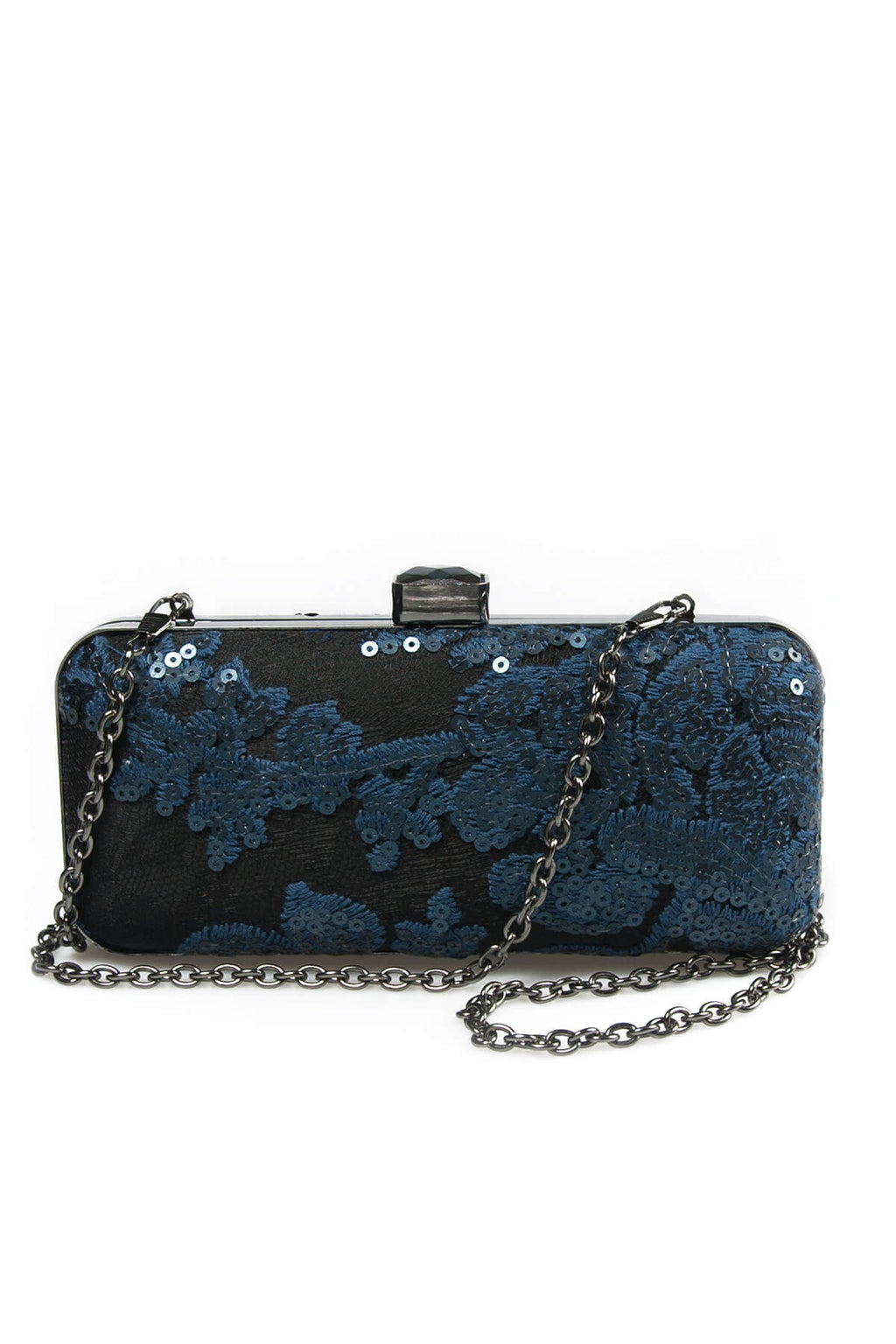 Sequin Embellished Box Clutch in Prussian Blue / Black