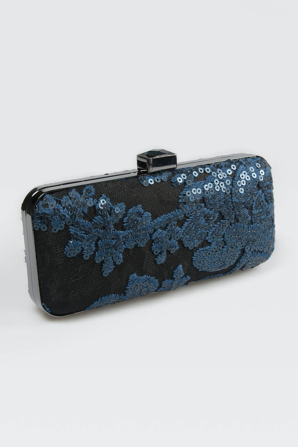 Sequin Embellished Box Clutch in Prussian Blue / Black