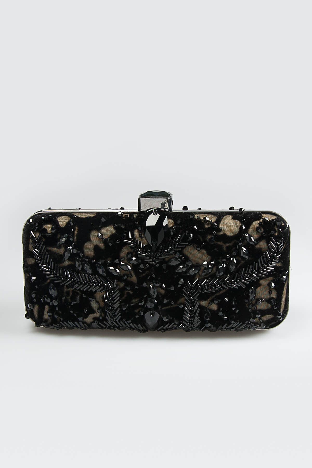 Beaded Cut Velvet Box Clutch in Black