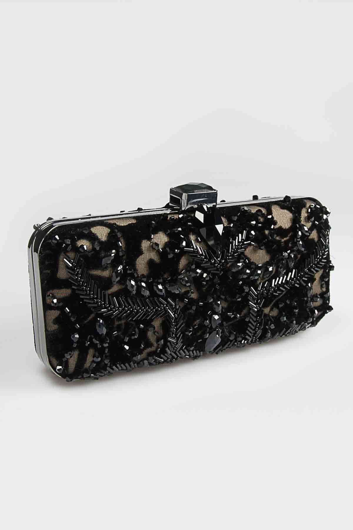 Beaded Cut Velvet Box Clutch in Black