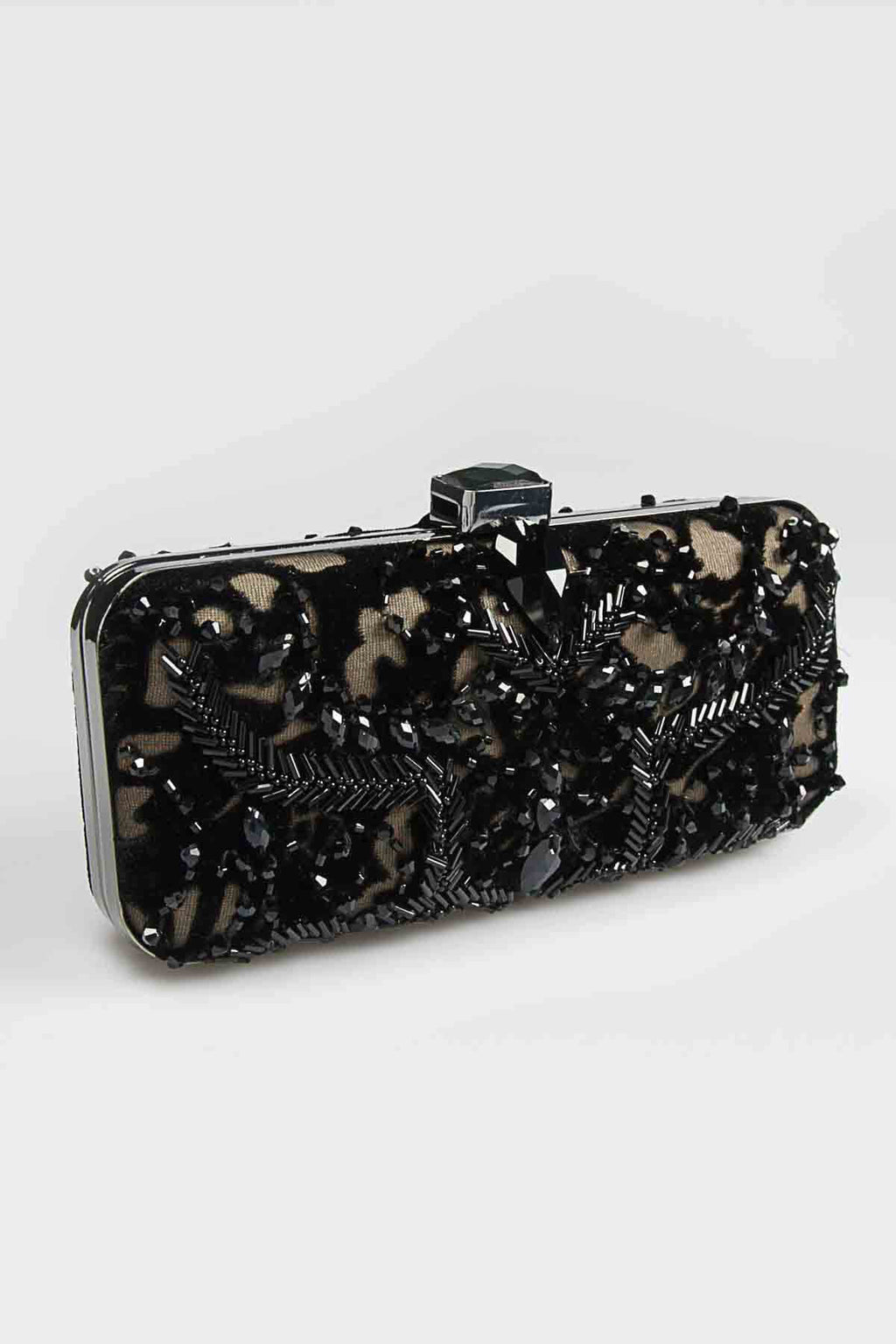 Beaded Cut Velvet Box Clutch in Black