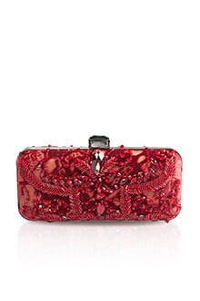 Beaded Cut Velvet Box Clutch in Carmine