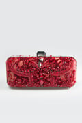Beaded Cut Velvet Box Clutch in Carmine