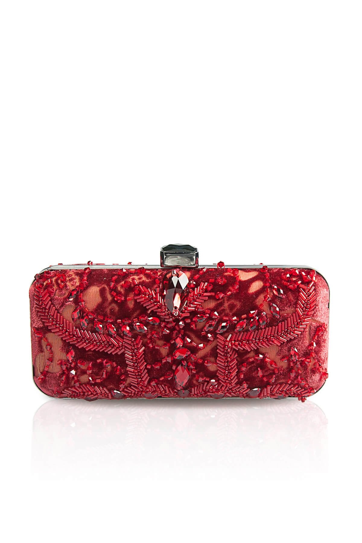 Beaded Cut Velvet Box Clutch in Carmine