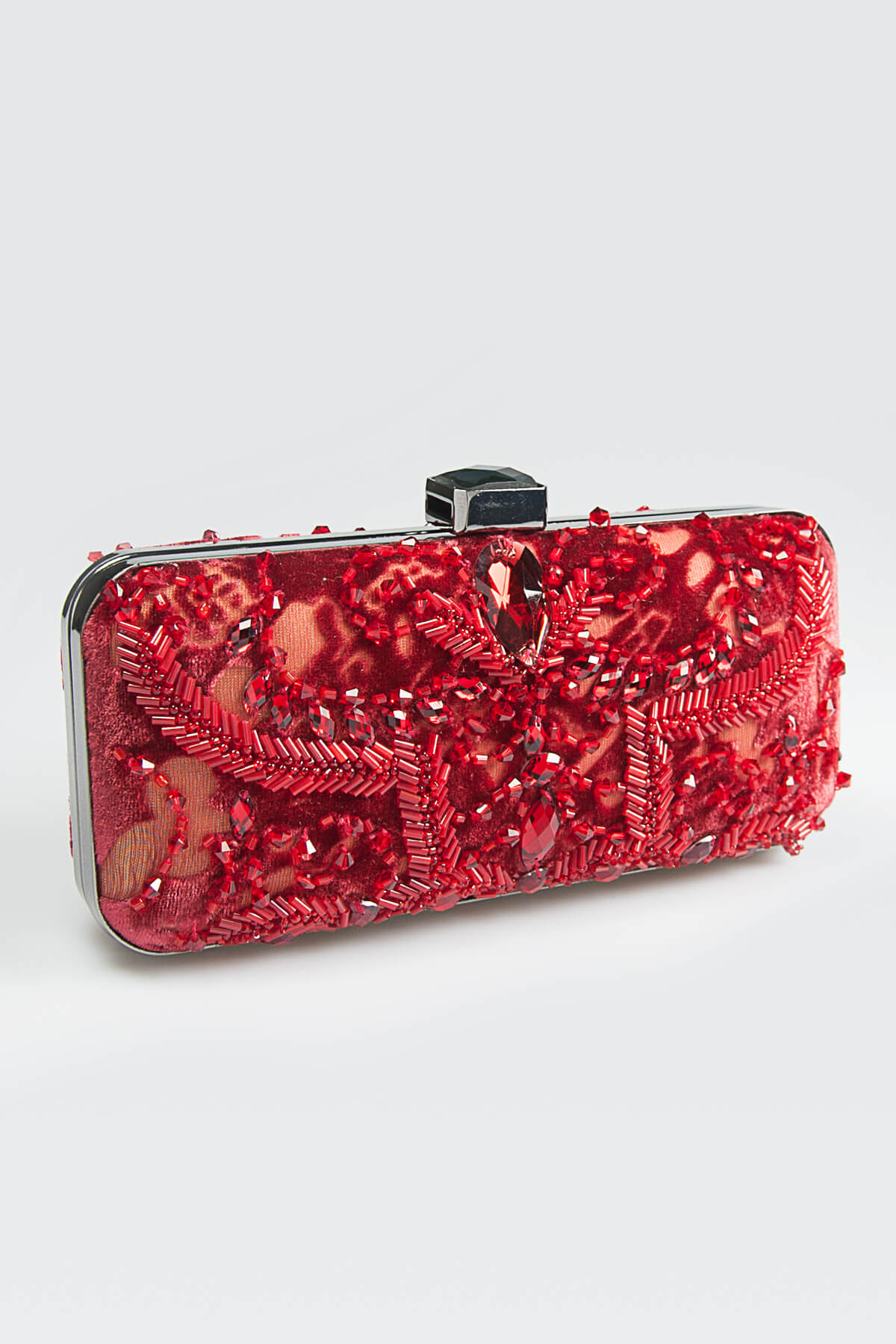 Beaded Cut Velvet Box Clutch in Carmine